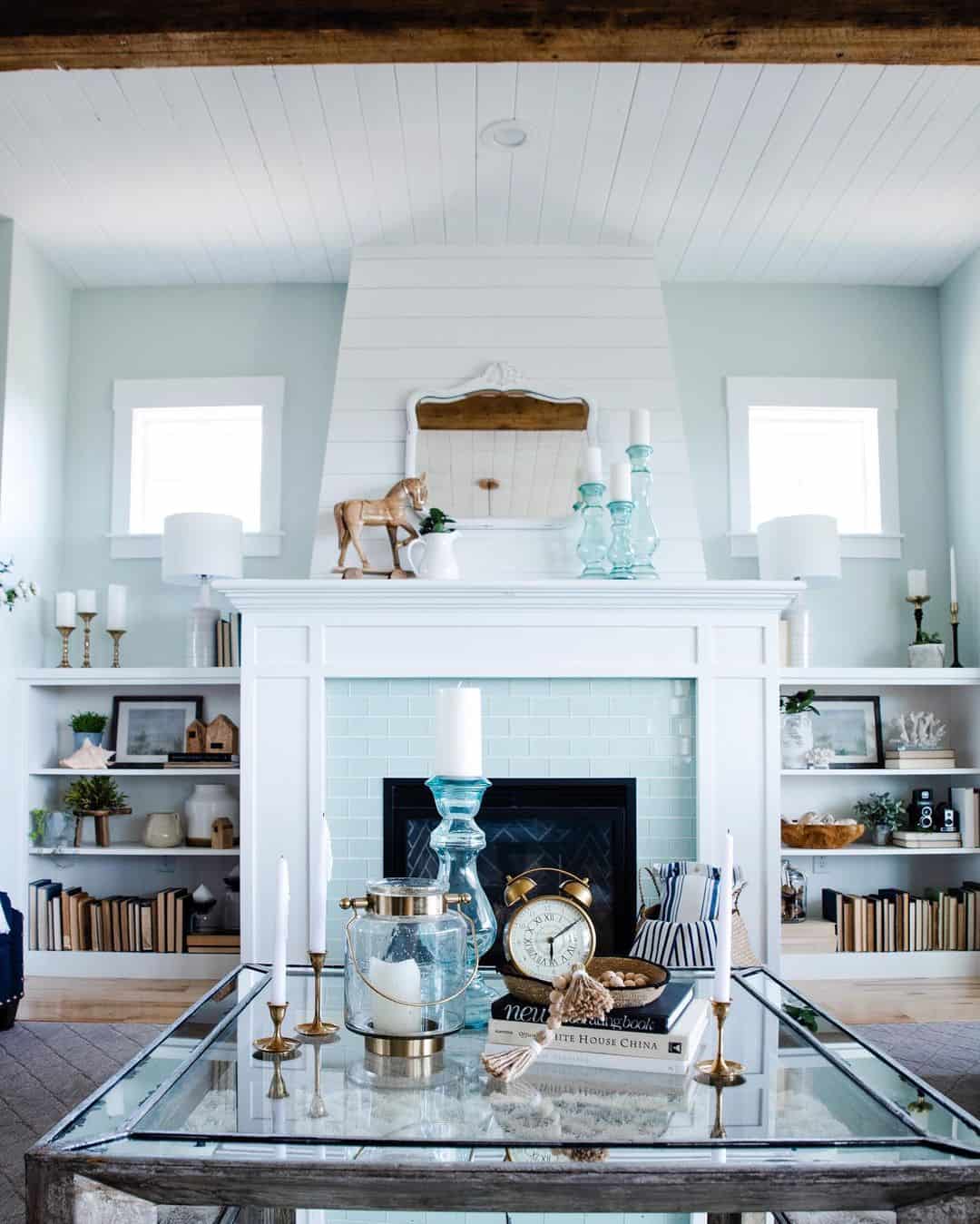 Glass Candle Holders Add Coastal Ambiance to Fireplace