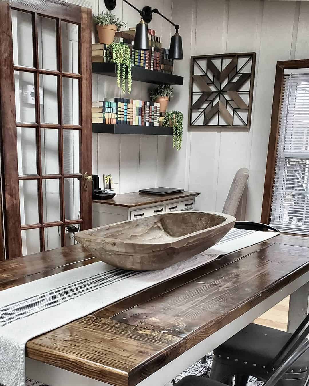 Carved Dough Bowl Centerpiece on Striped Runner