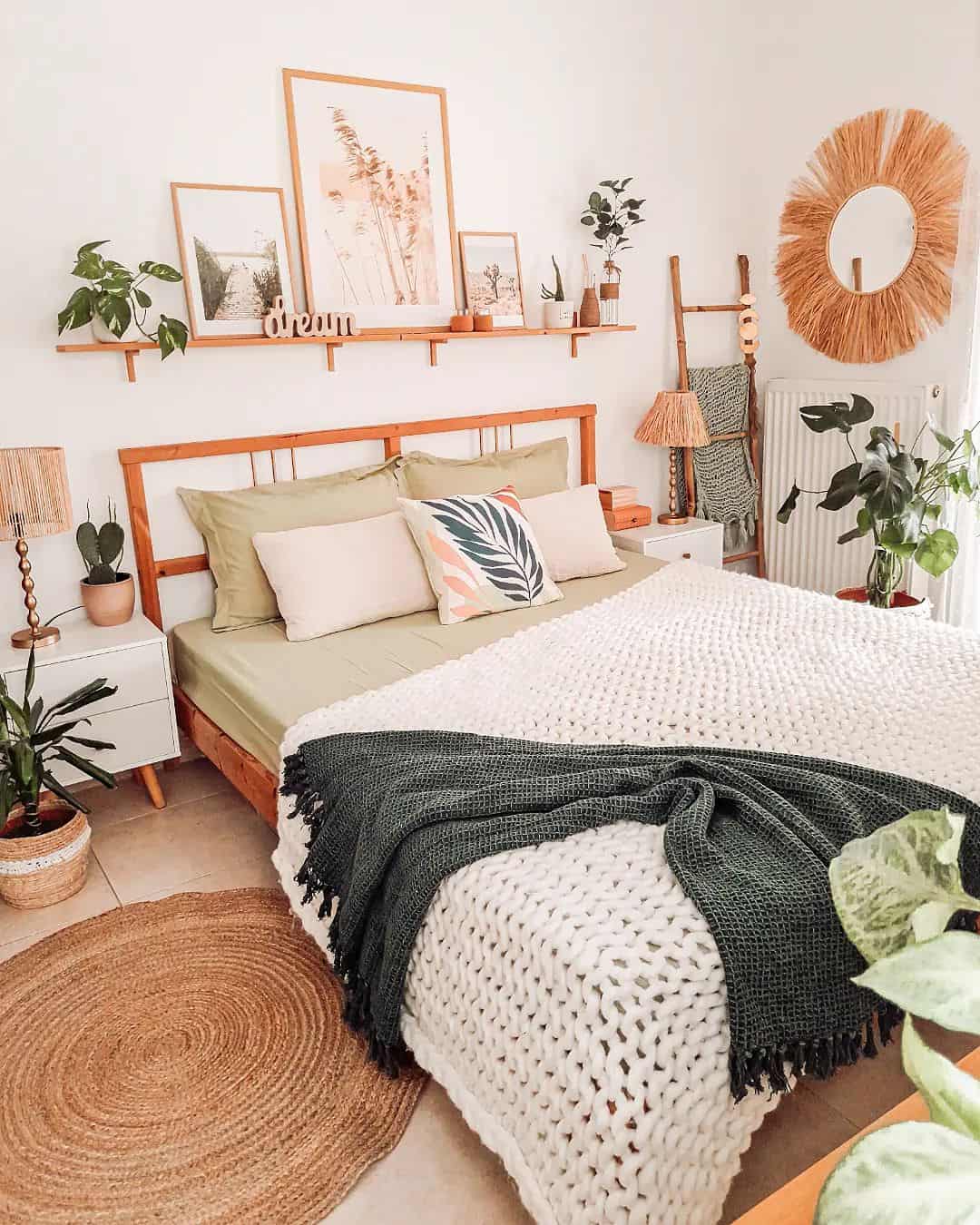 Floating Shelf Displays Artwork and Plants Above Bed