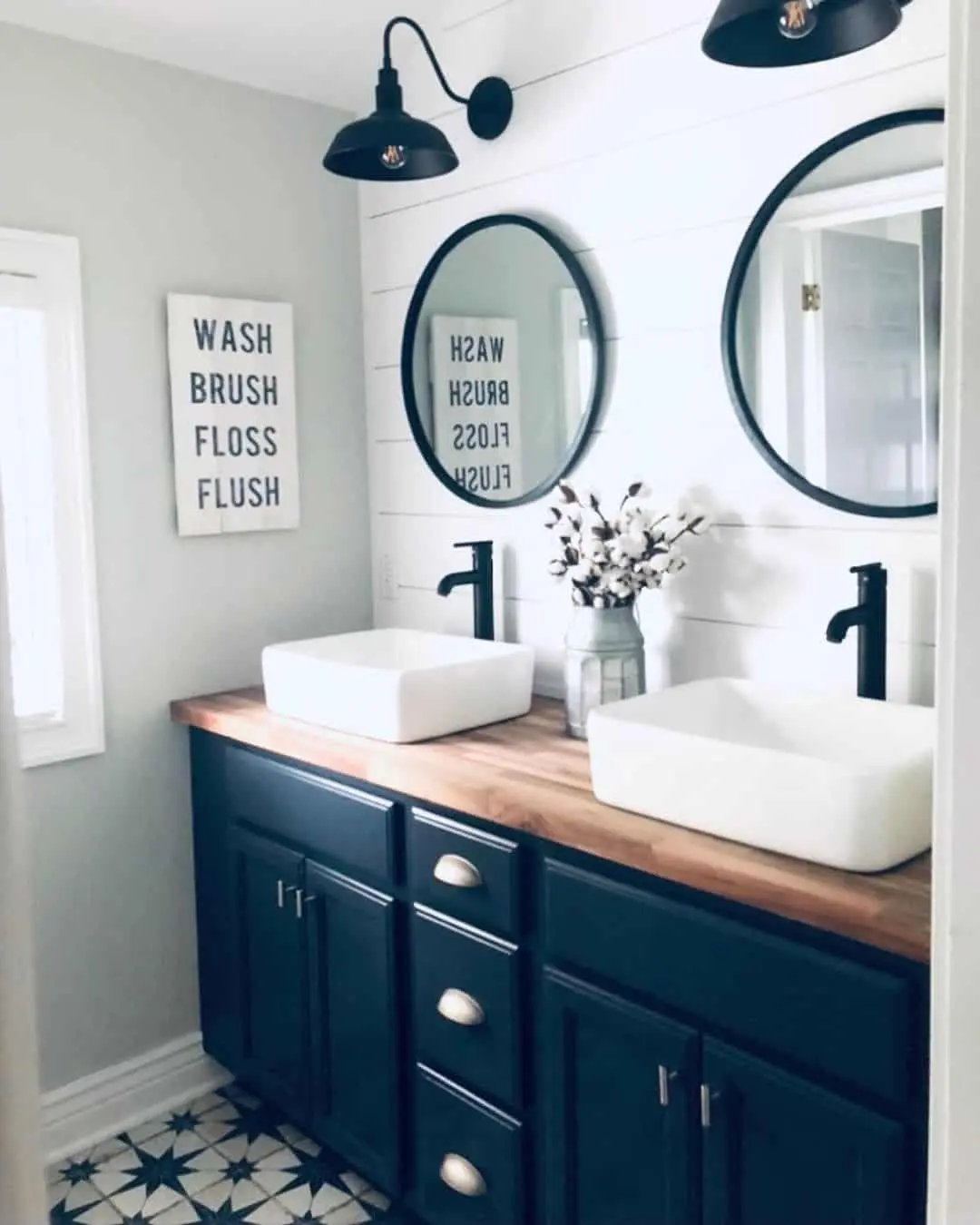 Anchor Your Space with a Deep Blue Vanity and Wood Top