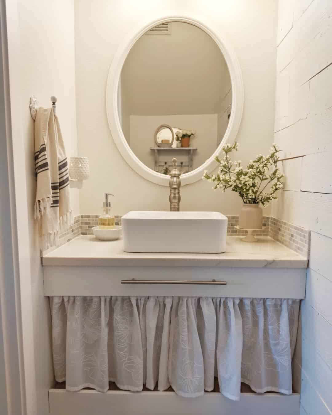 Fabric Skirt Conceals Under-Vanity Plumbing and Storage