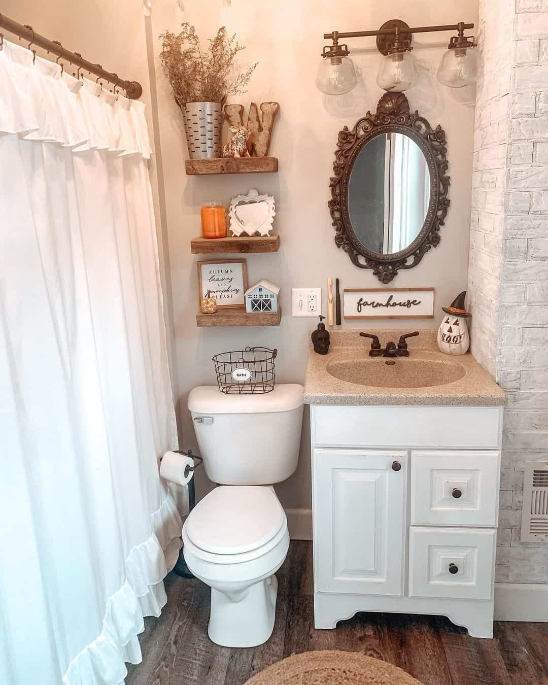 Tiered Shelves Display Seasonal Decor Above Toilet