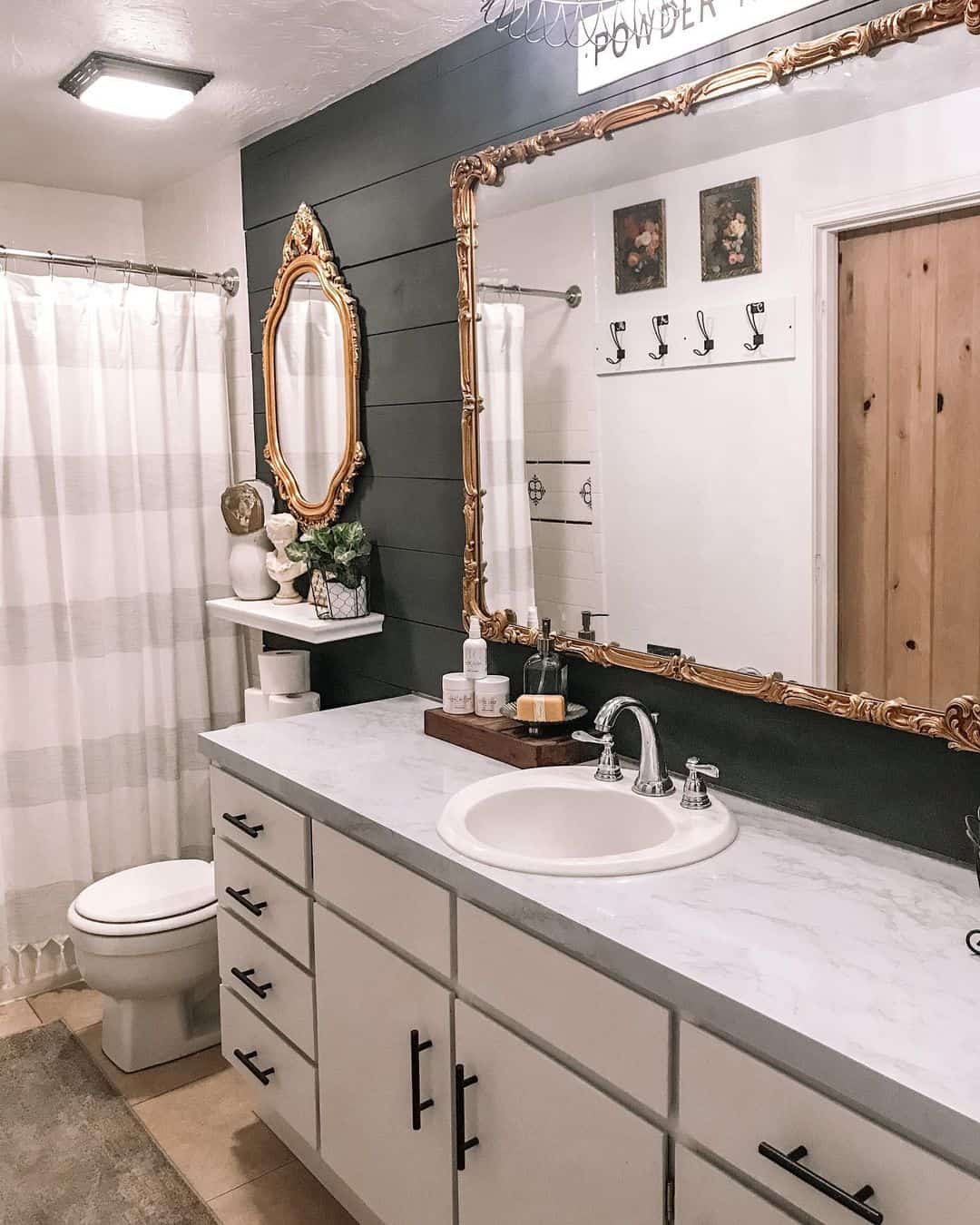 Ornate Gold Mirror Above Dark Shiplap Walls