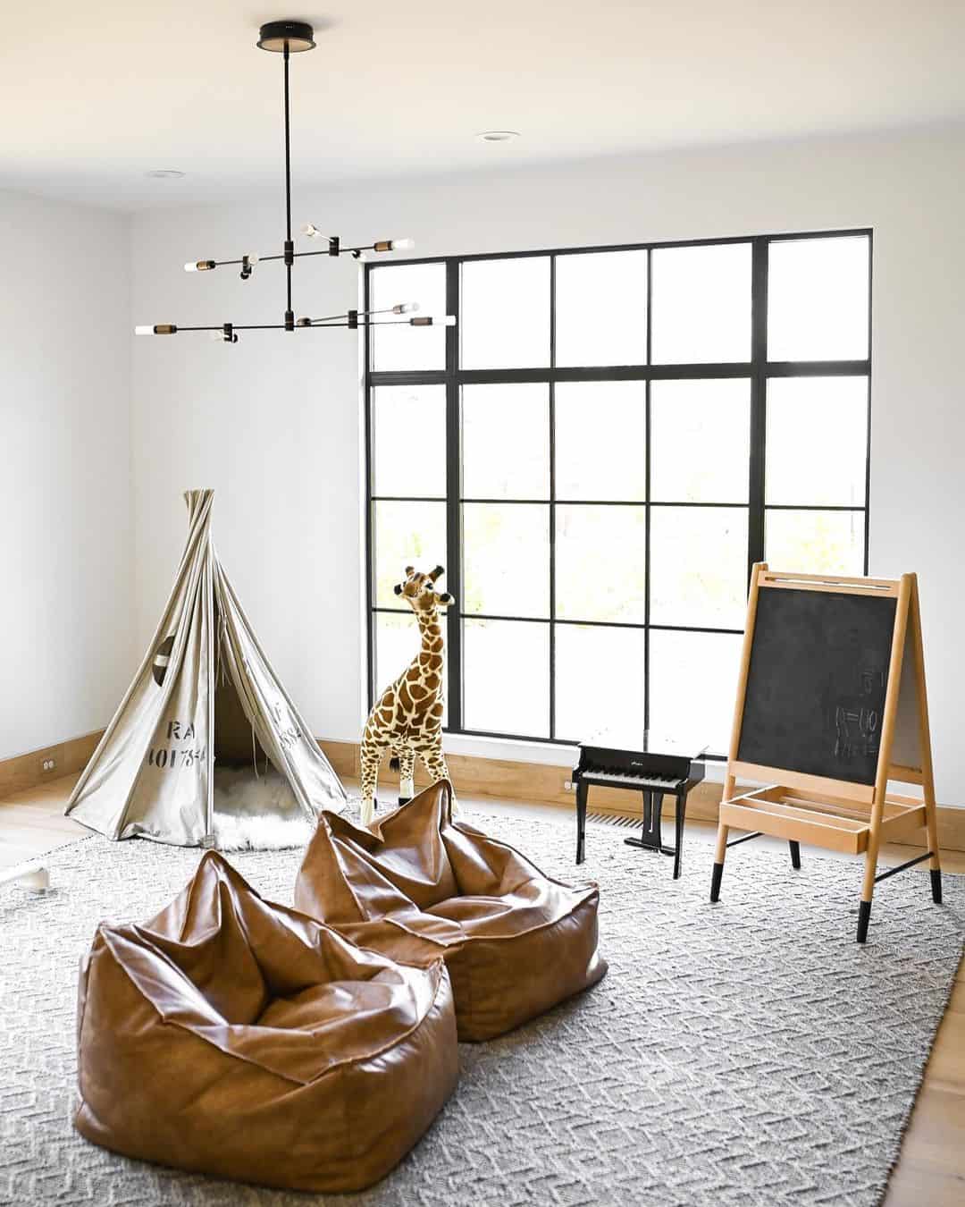 Two Cognac Leather Bean Bags Create Cozy Floor Seating