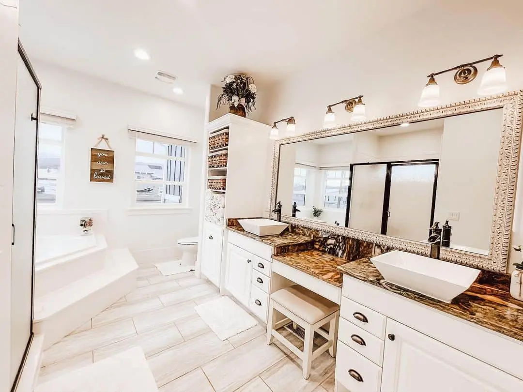 Frame Your Double Vanity with an Ornate White Mirror