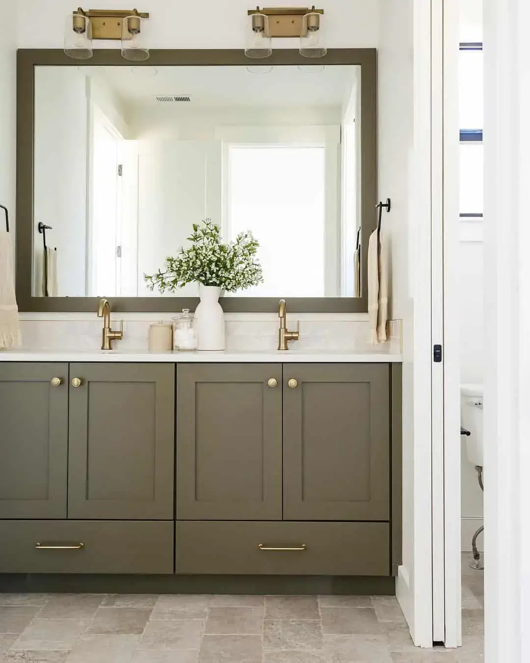 Wide Olive Green Vanity Cabinet With Brass Hardware