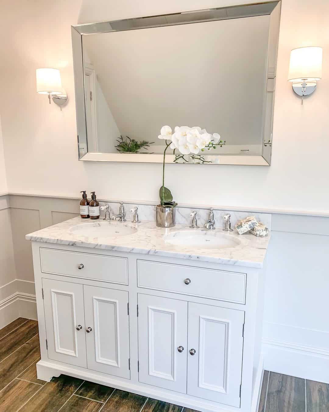 Framed Beveled Mirror Above White Double Vanity