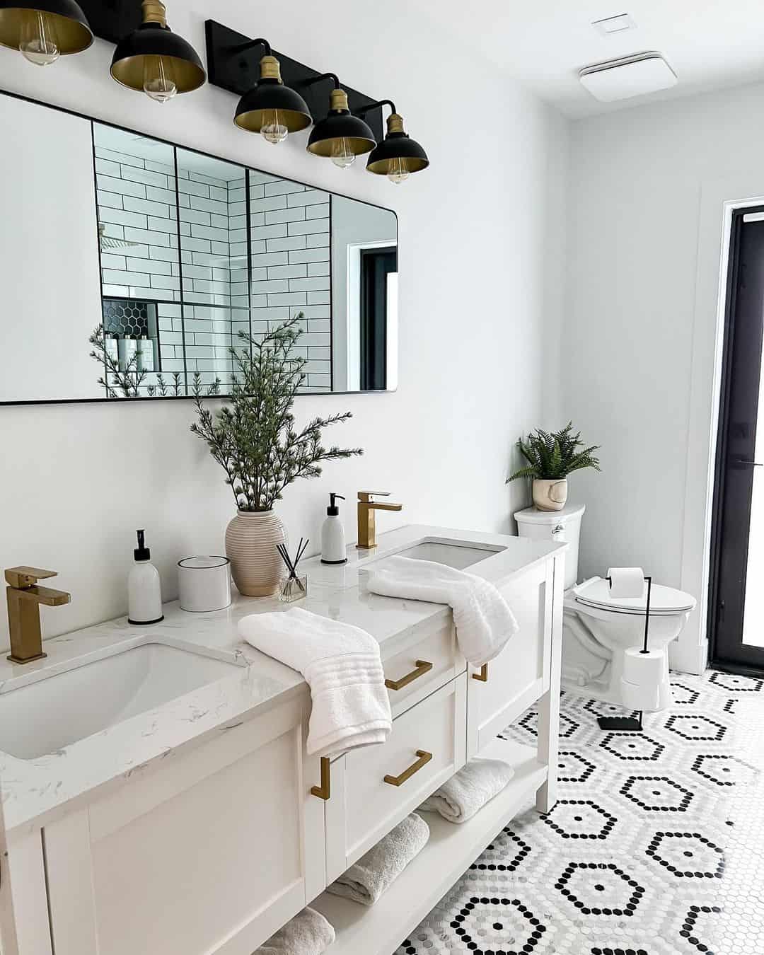 Ground Your White Vanity with Geometric Floor Tiles