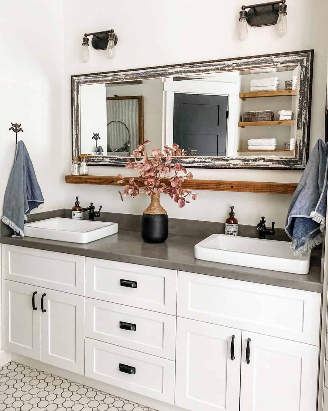 Distressed Mirror Frames Built-In Shelving for Towels