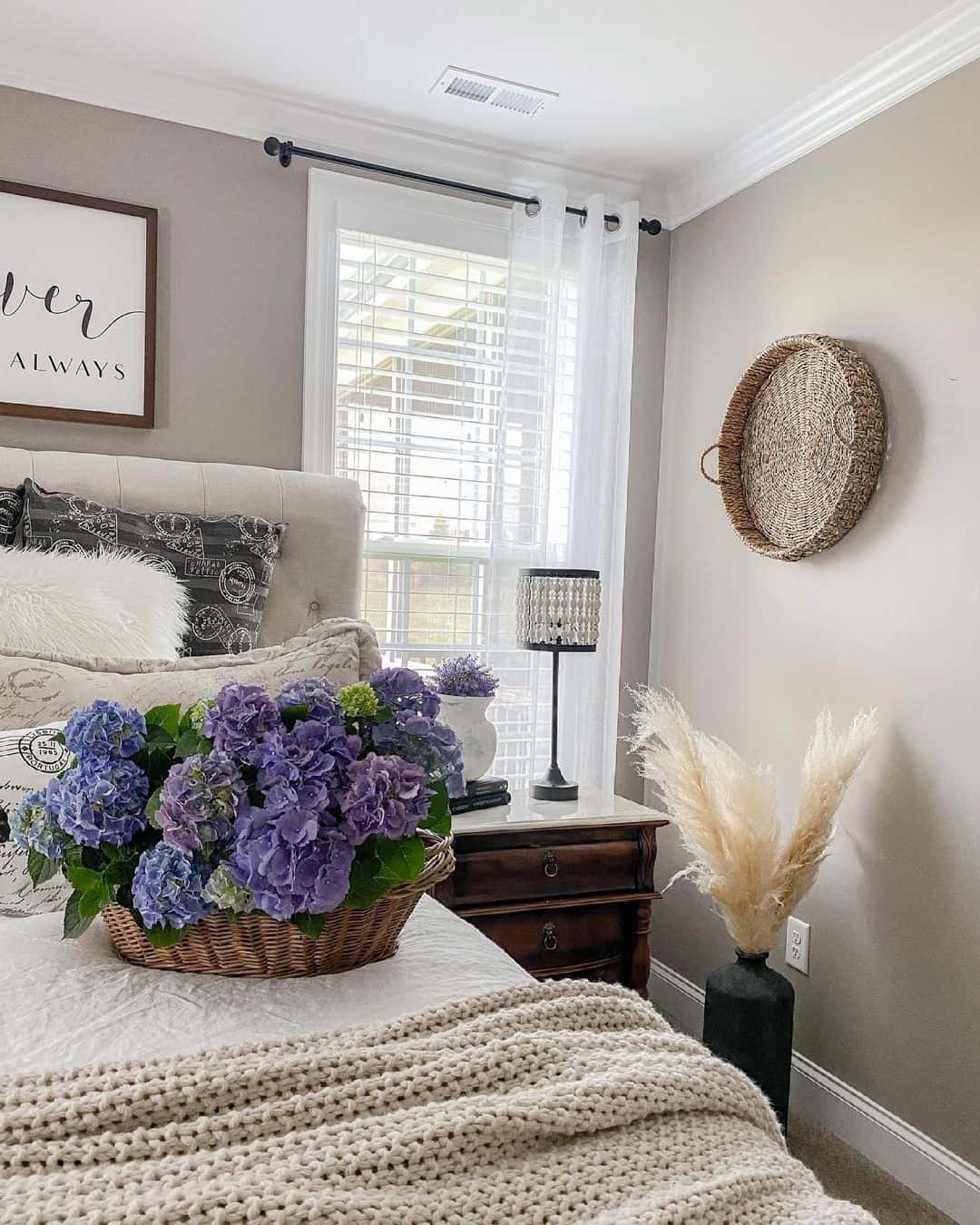 Place a Woven Basket of Hydrangeas on Your Bed for Color