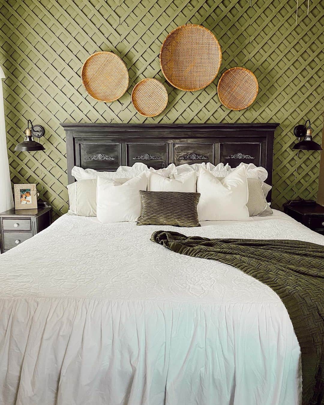 Grouped Round Woven Trays Add Natural Dimension Above the Bed