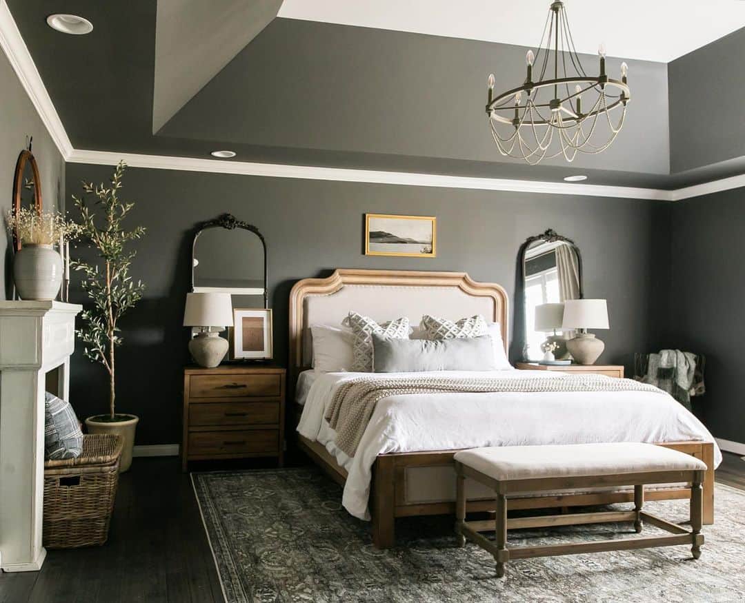 Ornate Black Mirrors Above Nightstands Frame Bedside Details