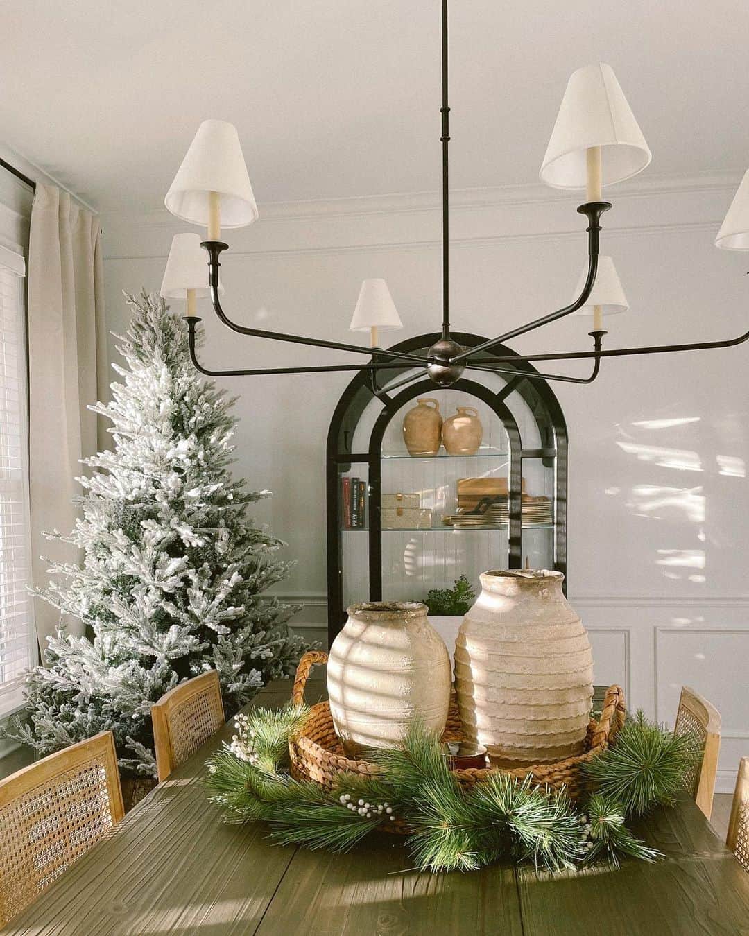 Woven Tray Centerpiece with Textured Vases and Pine Garland