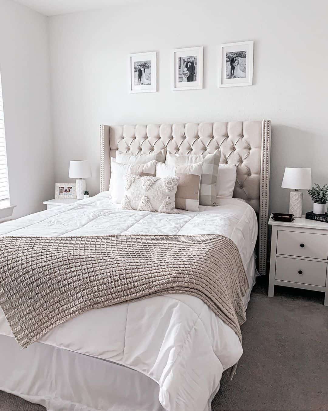 Three Framed Photos Create a Personal Gallery Above the Headboard