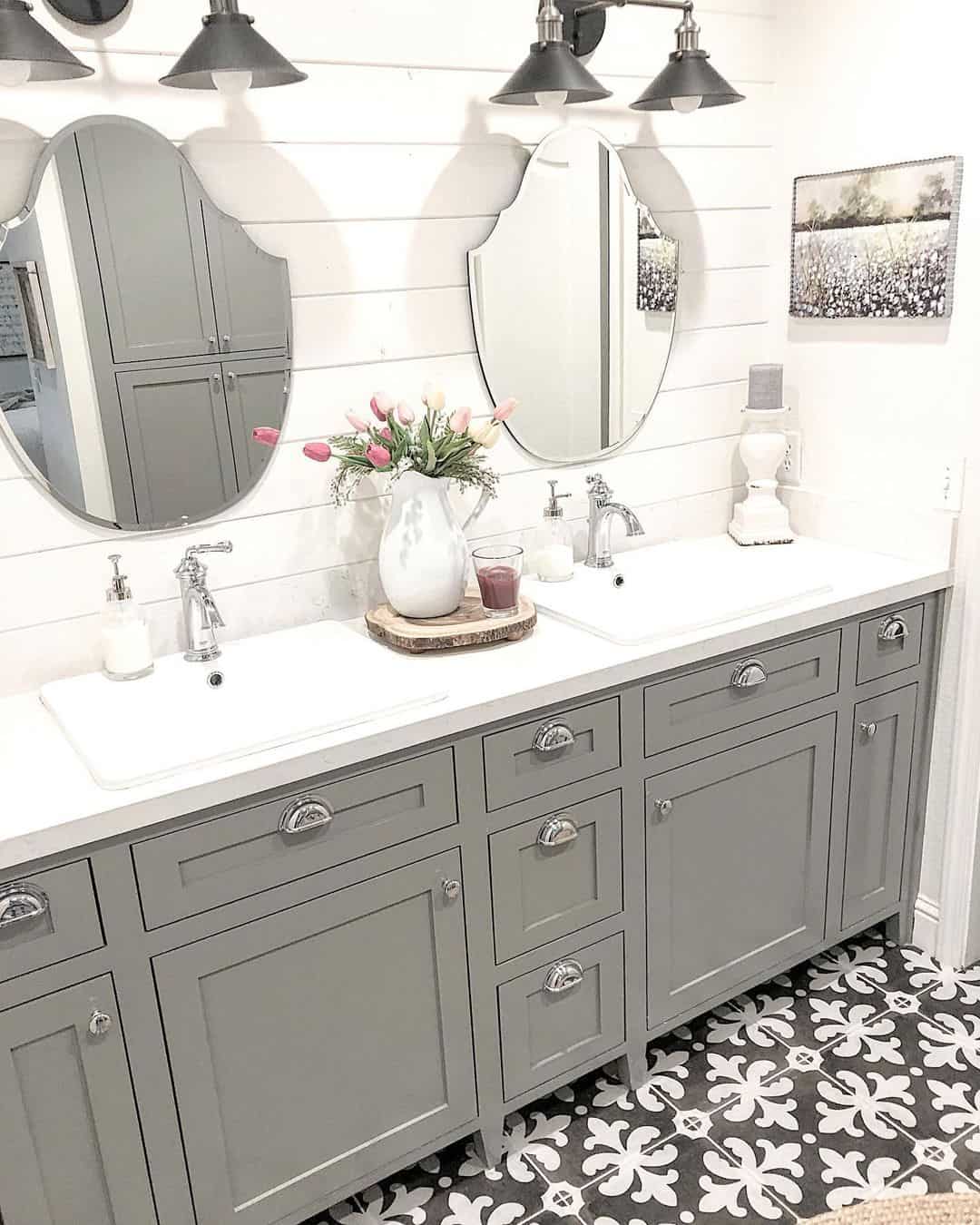 Frameless Mirrors With Unique Shield Shapes Above Double Vanity