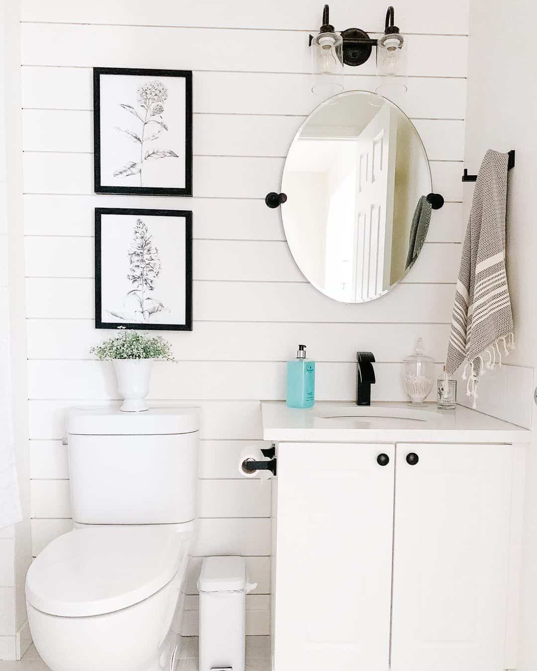 Oval Frameless Mirror with Black Knobs Above White Vanity