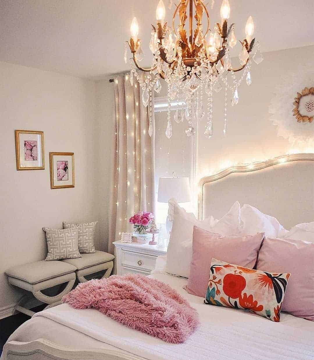 Crystal Chandelier Adds Glamour To Pink Bedroom