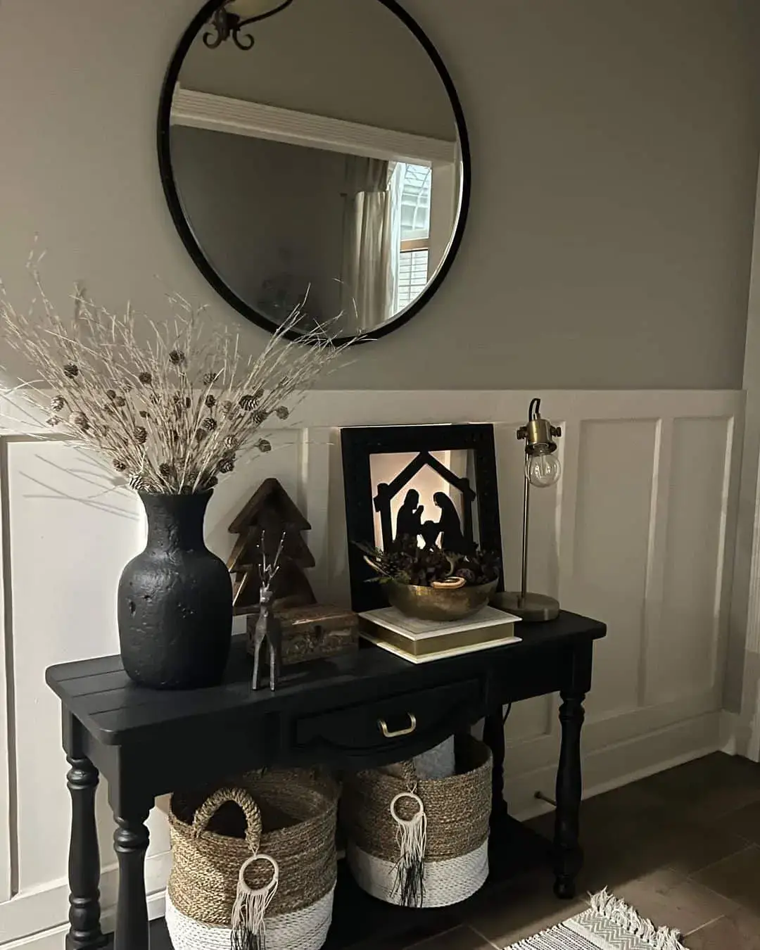 Paneled Wainscoting Frames a Console Table Display