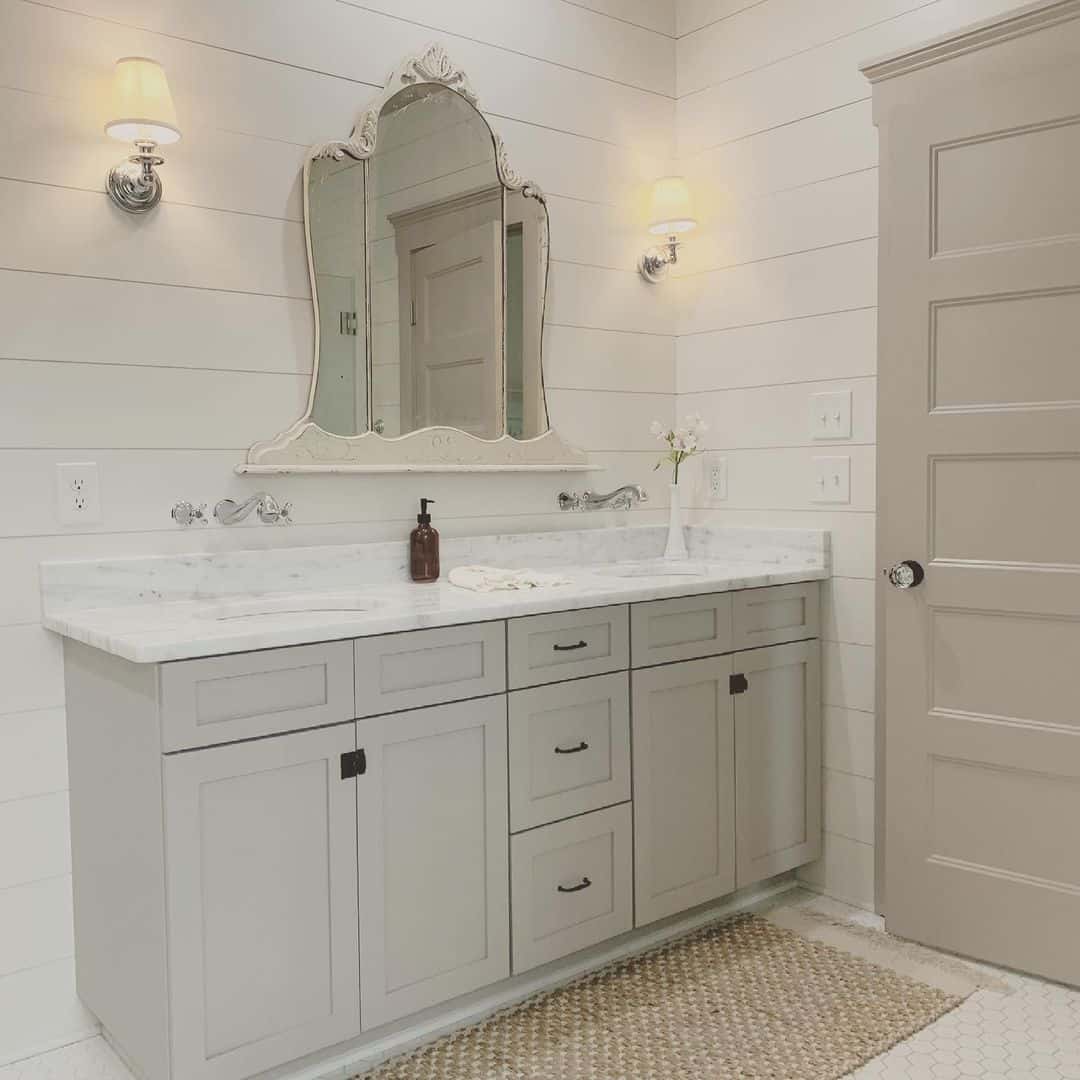 Ornate Mirror Frames a Simple Shiplap Wall