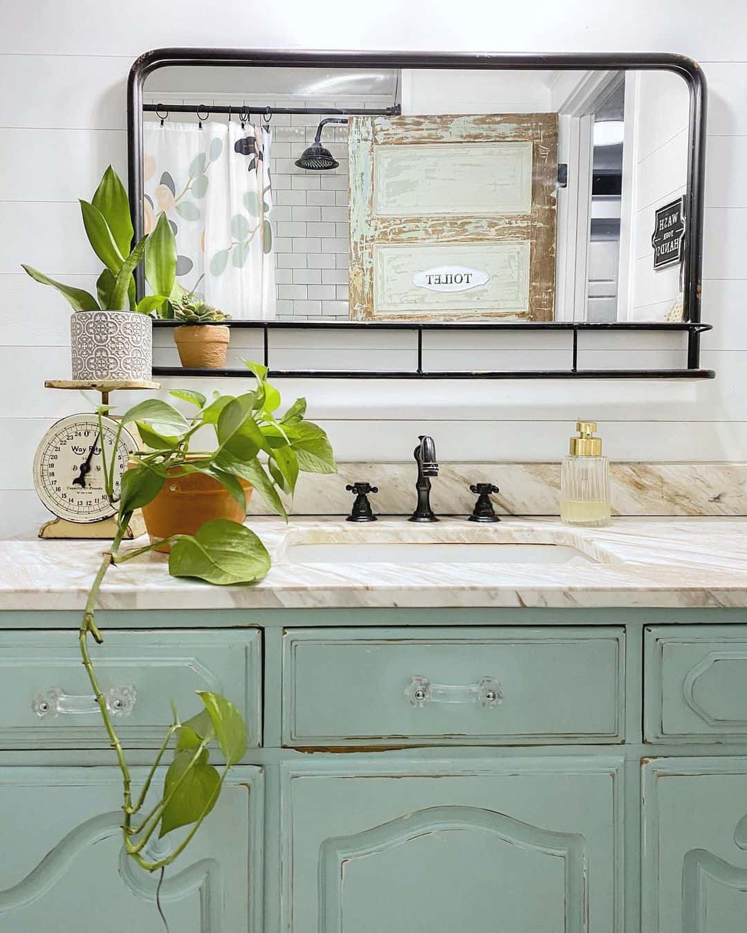 Distressed Aqua Vanity With Clear Glass Knobs