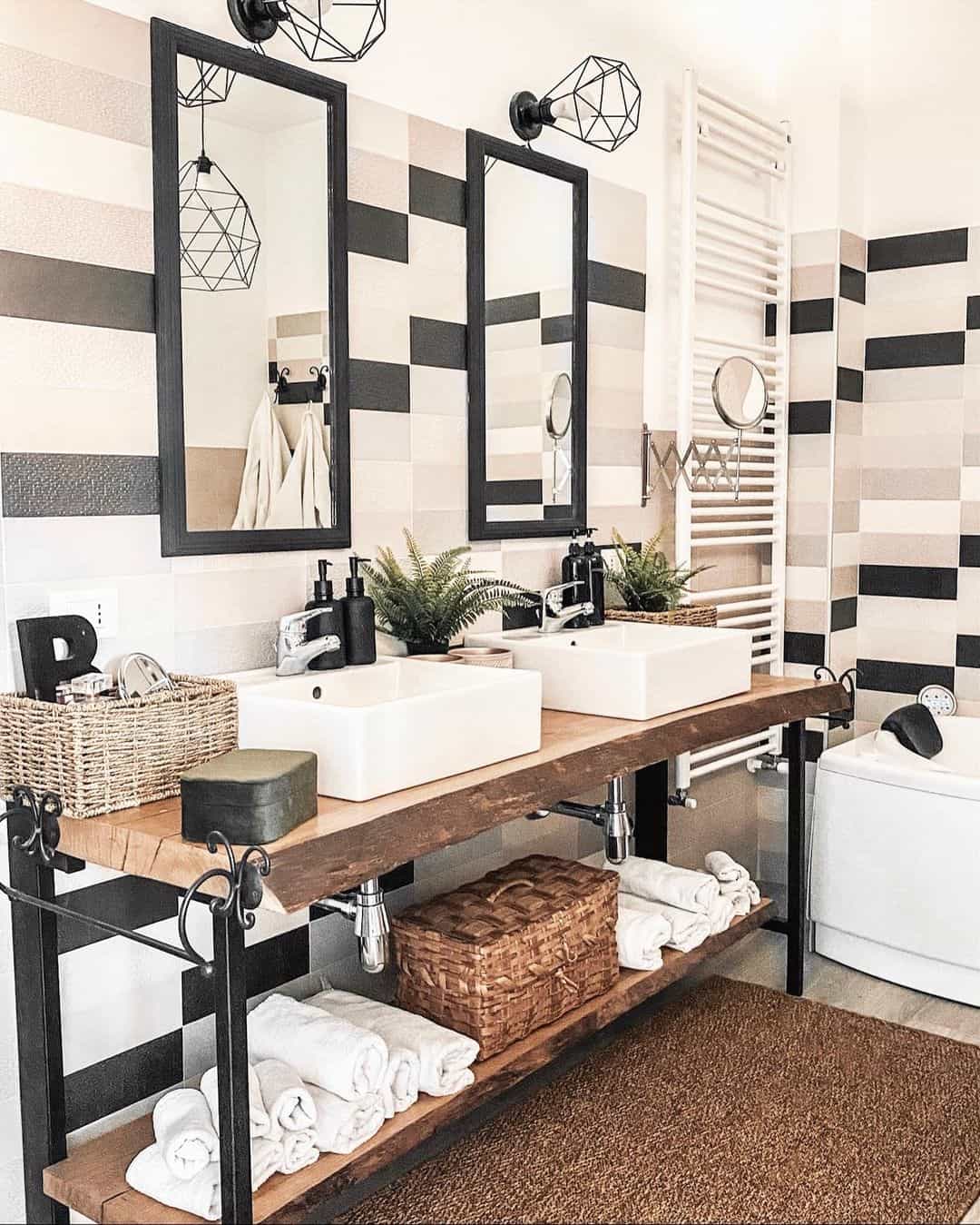 Natural Wood Vanity With Open Shelving Holds Woven Baskets