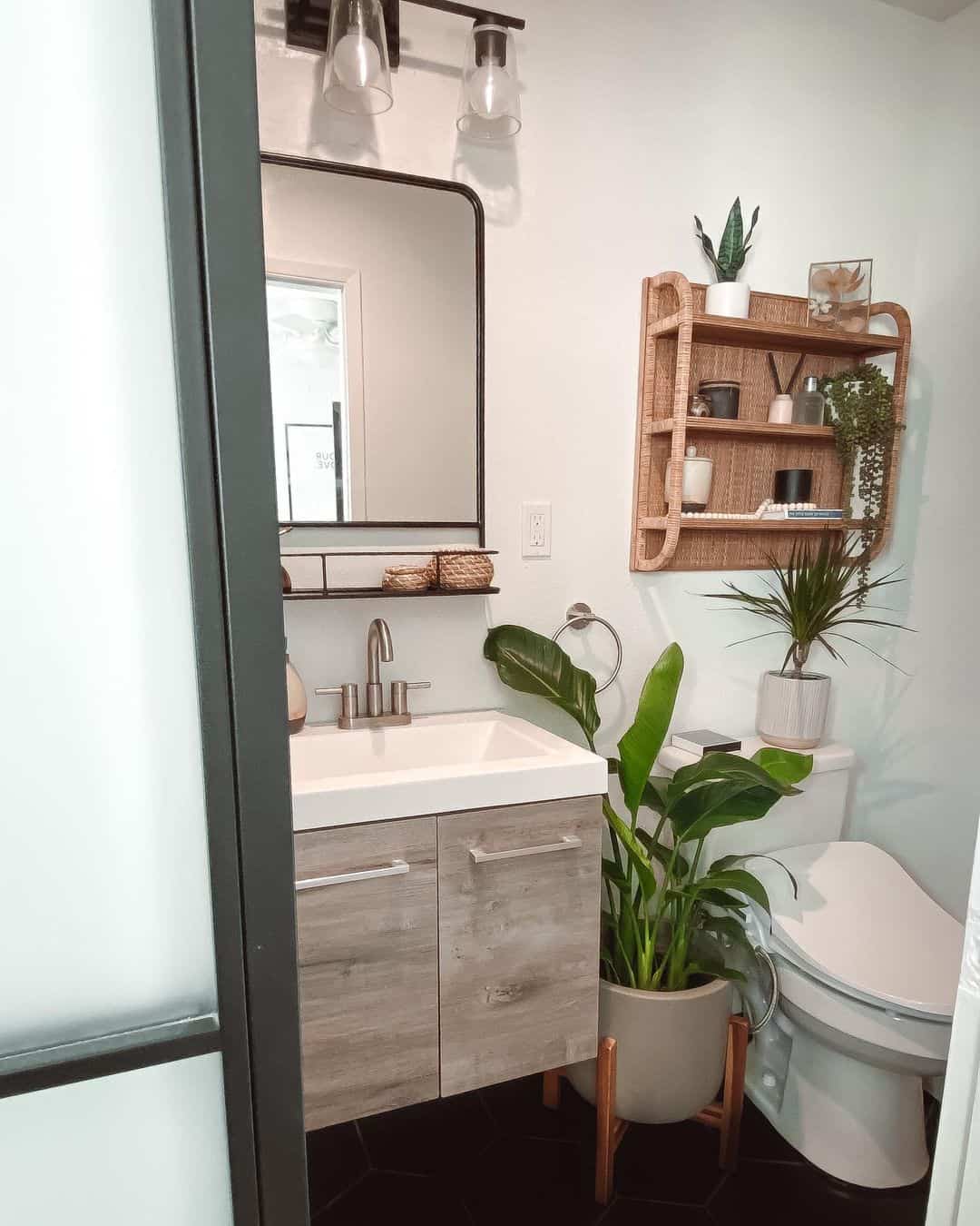 Woven Rattan Shelf Brings Natural Texture Above Toilet