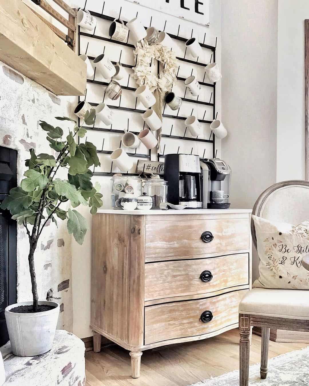 Farmhouse Mug Wall Creates a Cozy Coffee Bar Display