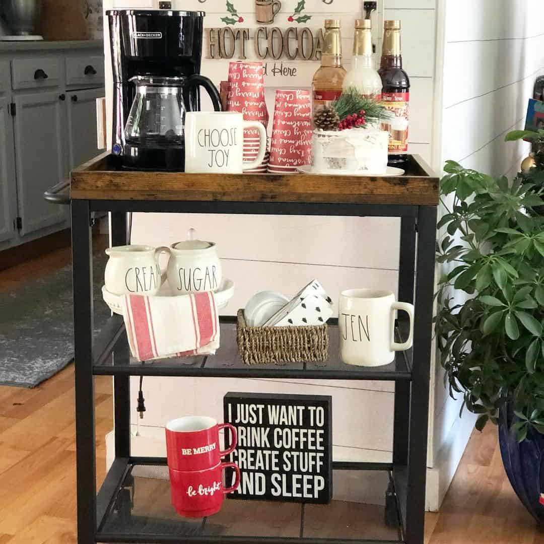 Farmhouse Coffee Bar Cart With Tiered Shelving