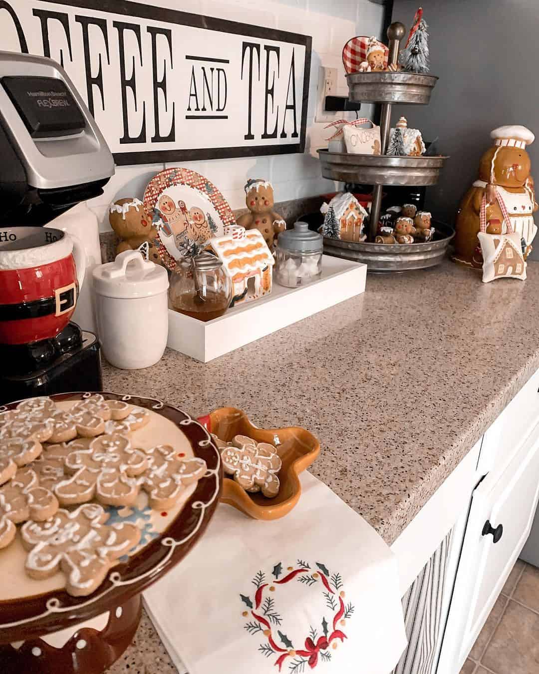 Tiered Tray Displays Festive Gingerbread Village for Coffee Bar