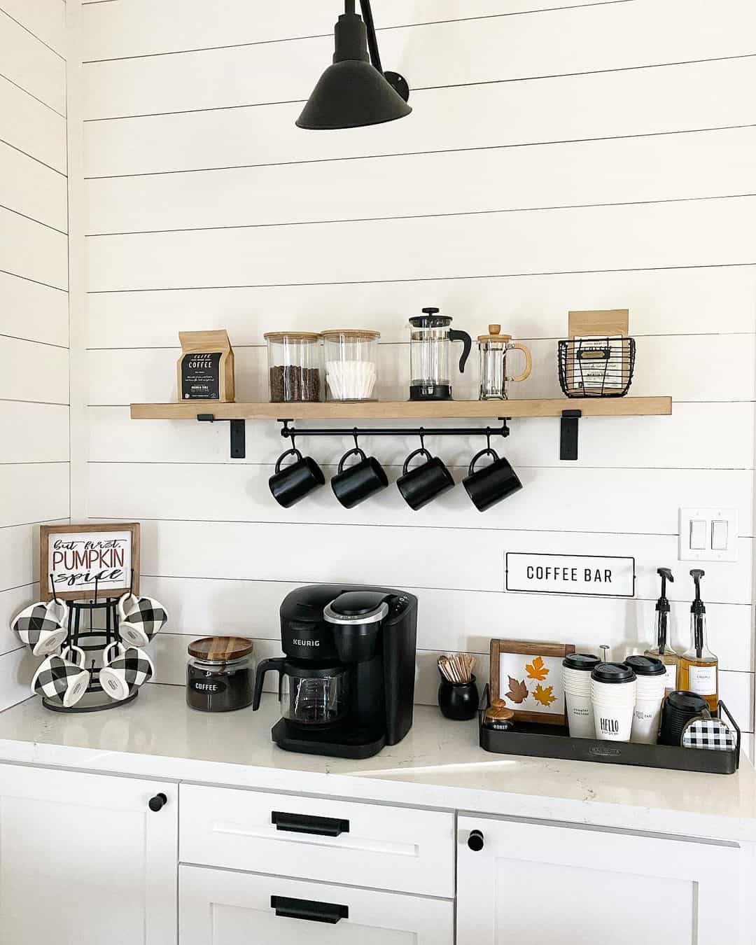 Wooden Shelf With Hanging Mugs Offers Accessible Coffee Bar Storage
