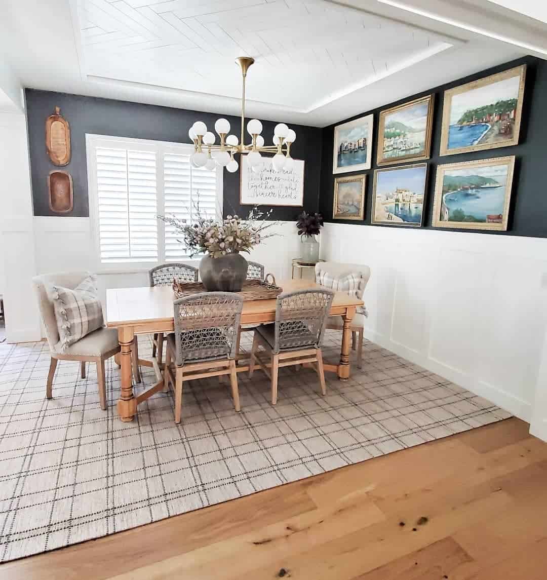 Plaid Rug Grounds a Light Wood Dining Table