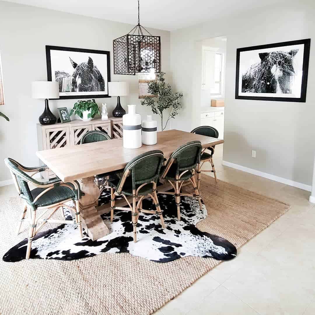 Layered Rugs Add Rustic Texture Under Dining Table