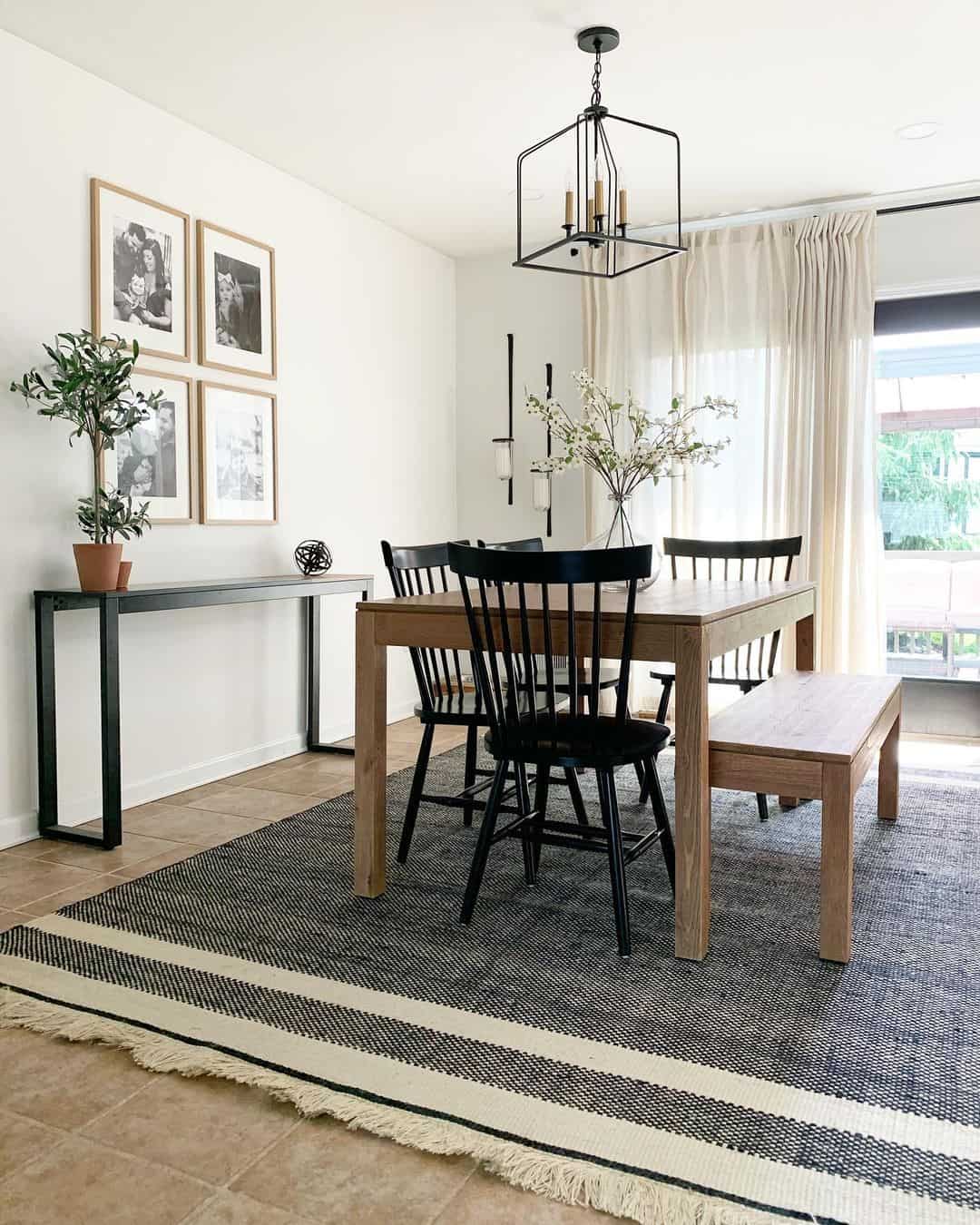 Define Your Dining Area with a Striped Rug and Fringe