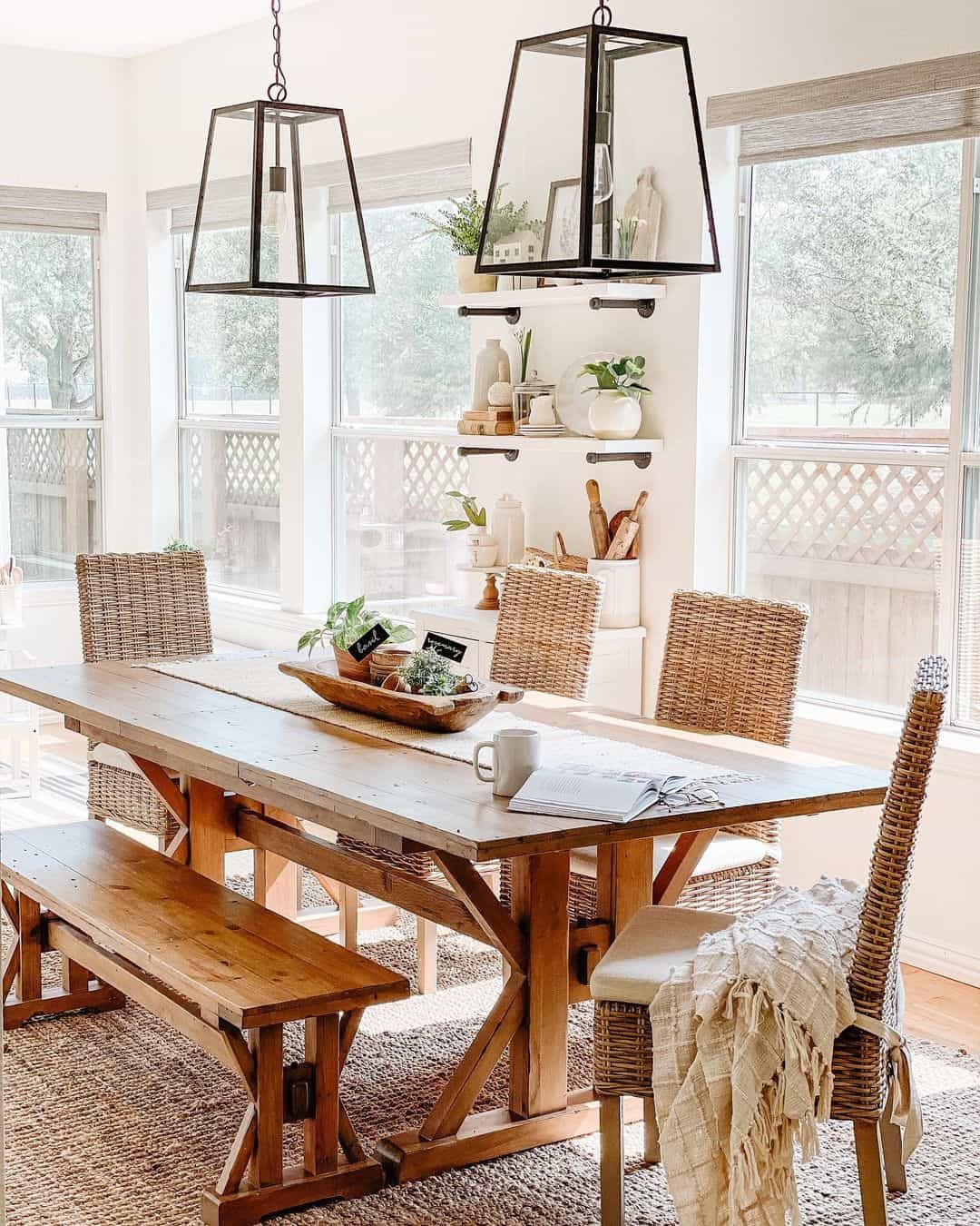 X-Braced Farmhouse Table Pairs with Natural Woven Chairs