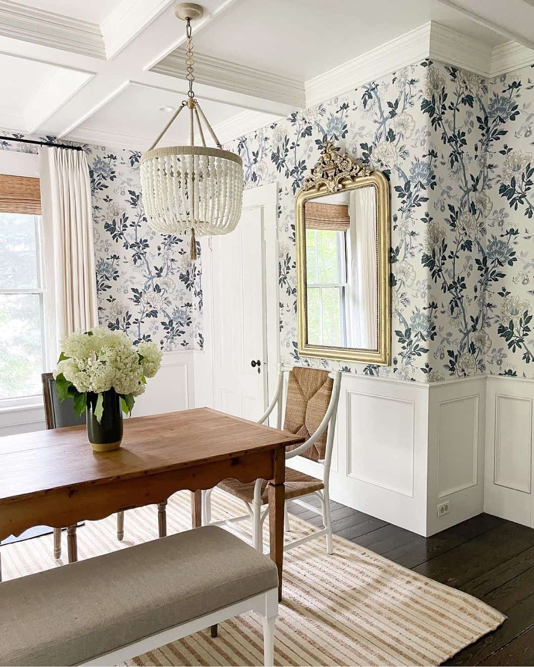 Farmhouse Half Walls with Classic Wainscoting and Floral Wallpaper