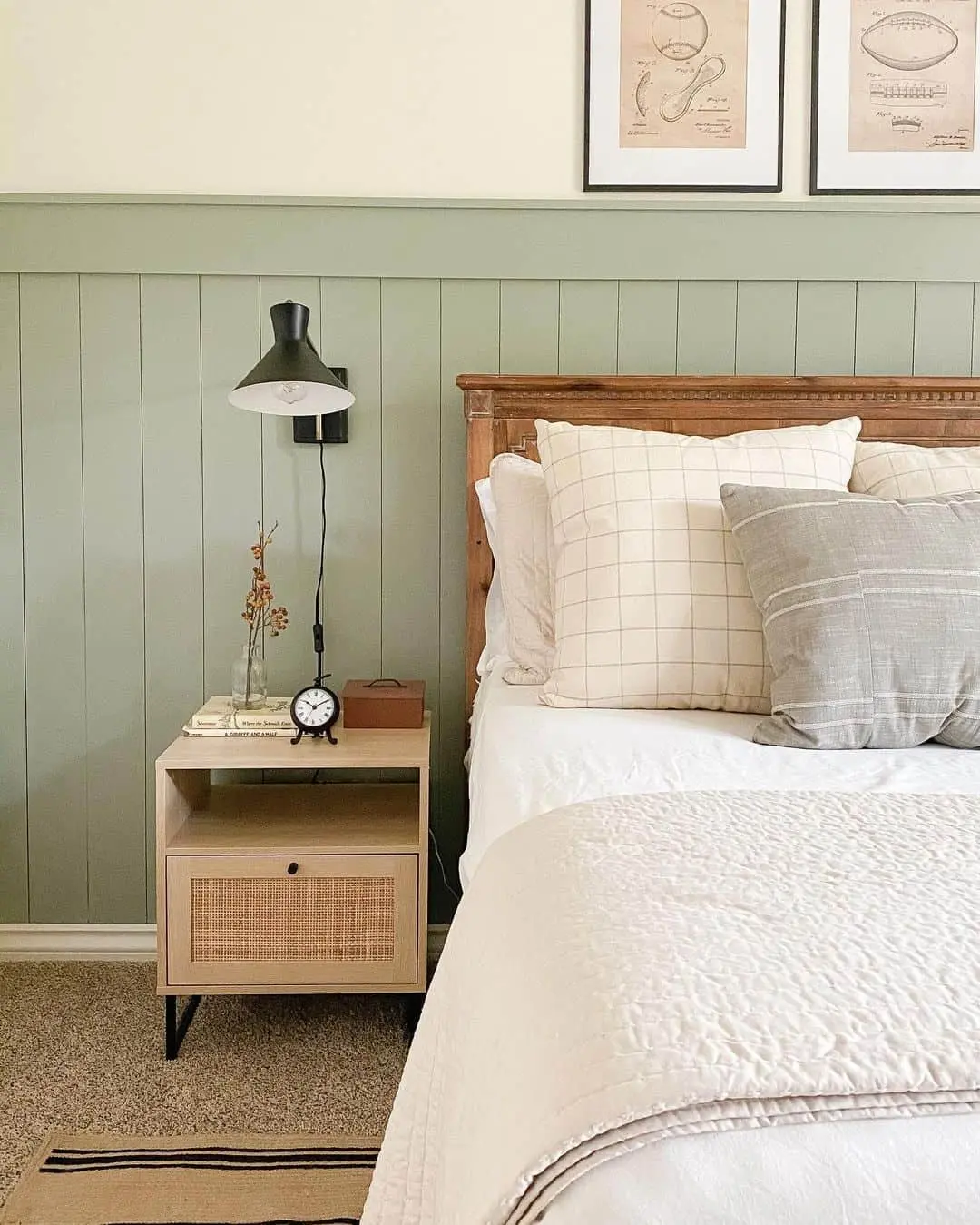 Sage Green Paneling with a Natural Wood Headboard