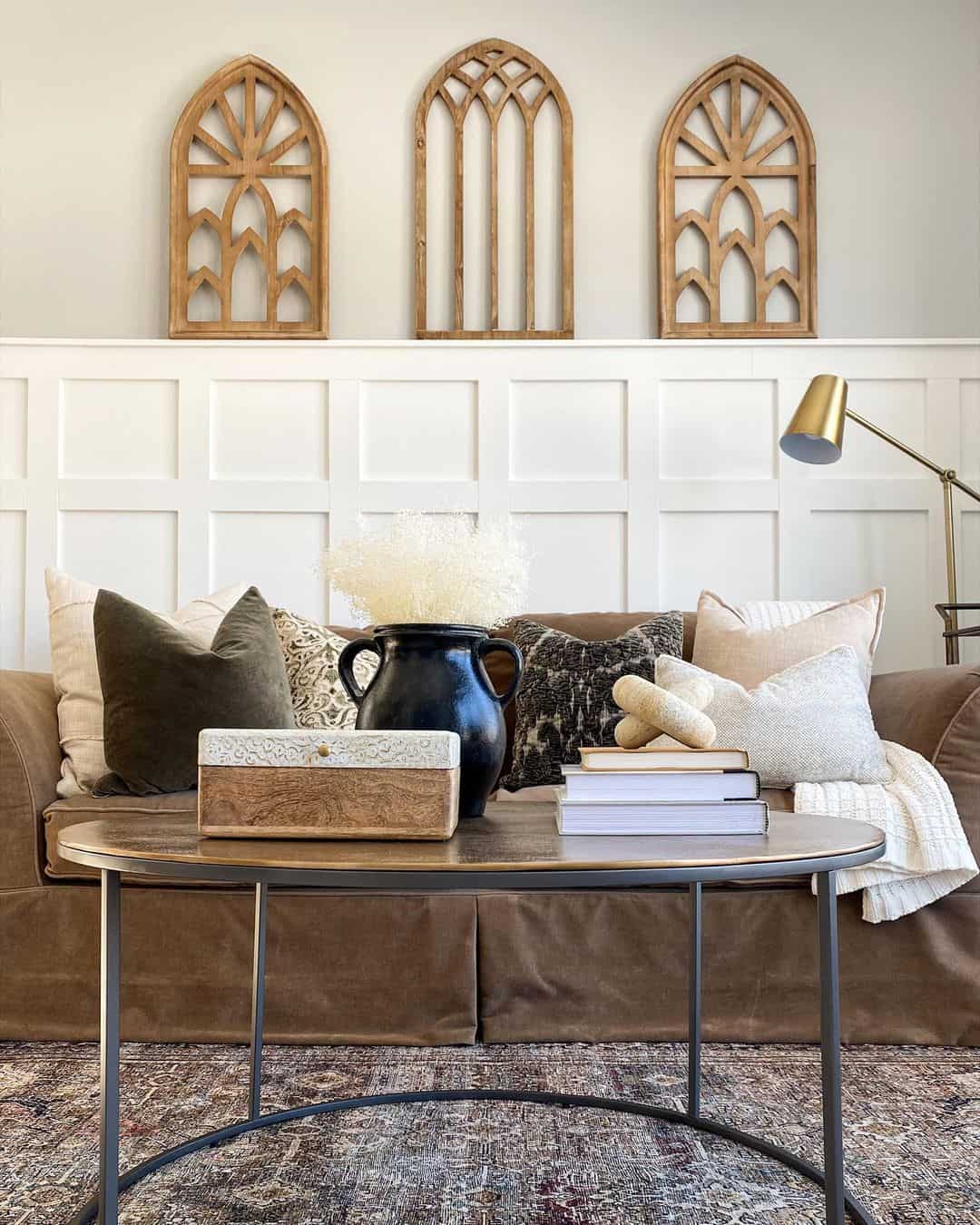 Arched Wood Window Panes Above Board and Batten