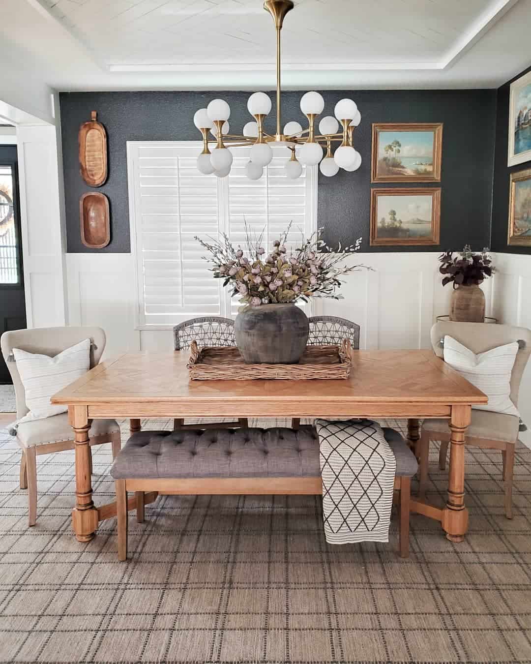 Striking Contrast with Dark Walls and White Wainscoting
