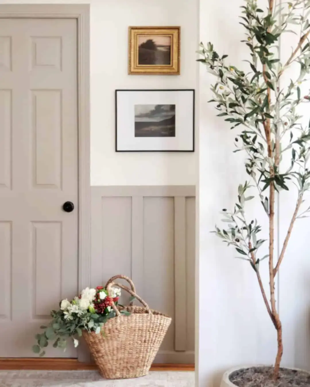 Vertical Paneling Frames a Woven Entryway Basket