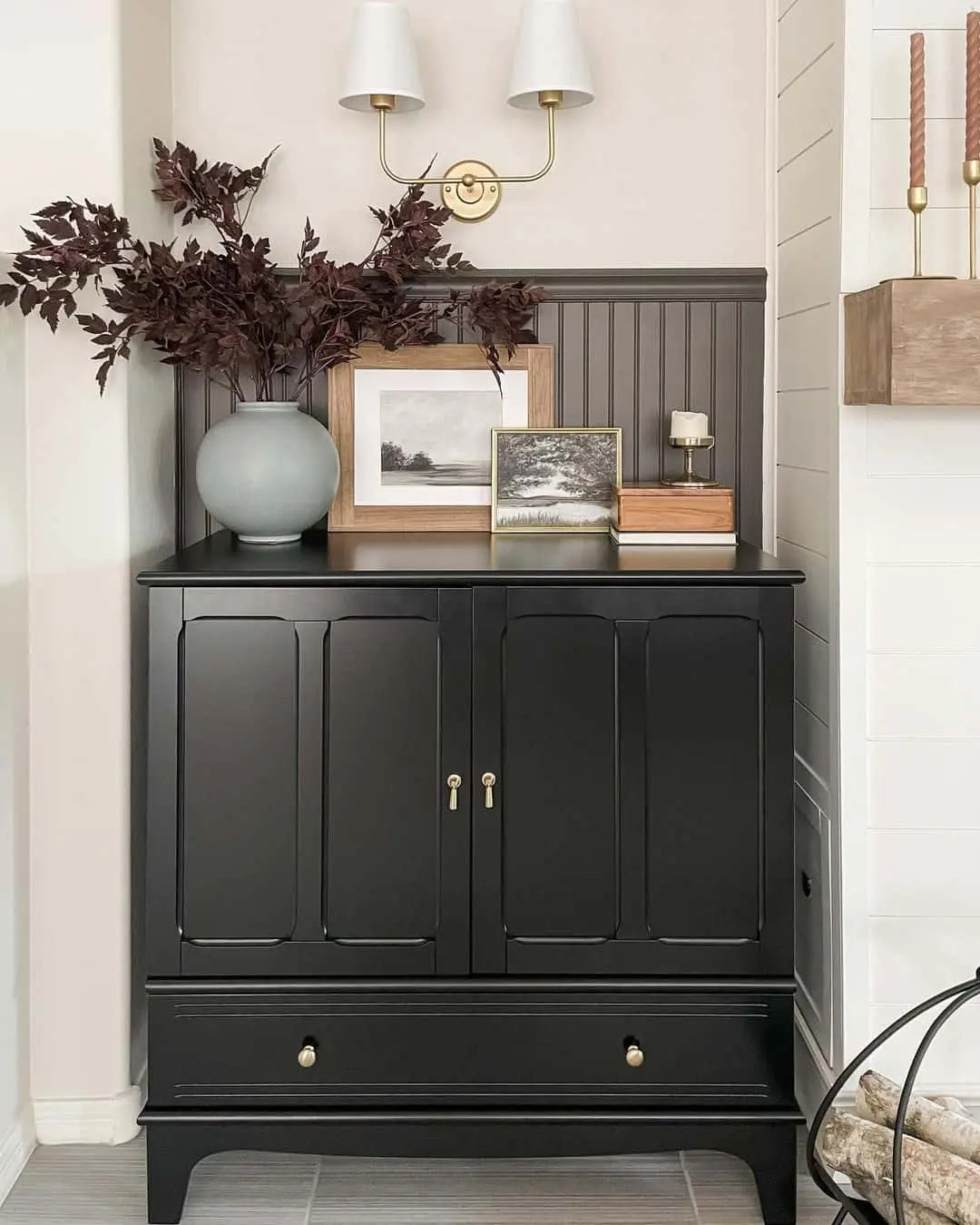 Dark Beadboard Above a Black Cabinet