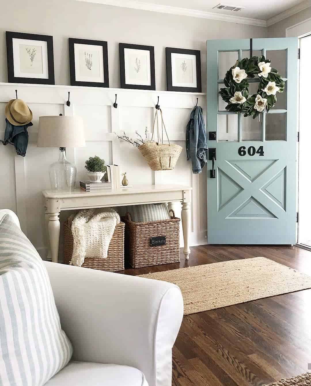 Board and Batten with Black Hooks for Entryway Storage