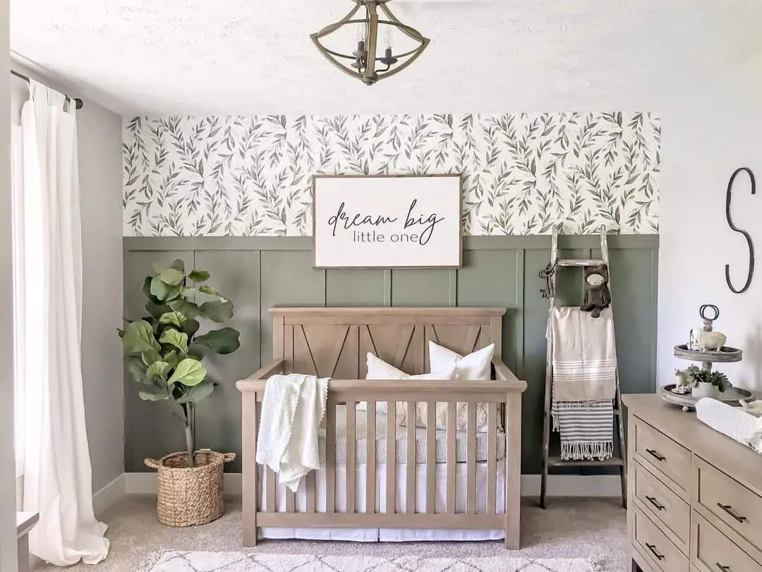 Green Board and Batten with Botanical Wallpaper Accent