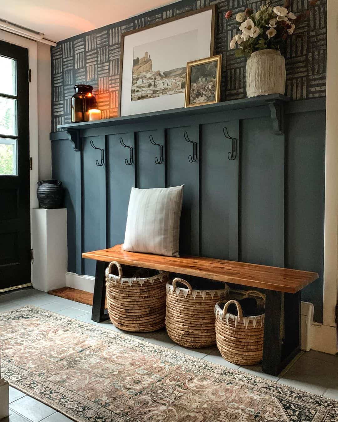 Dark Paneled Hallway with Organized Entryway Storage