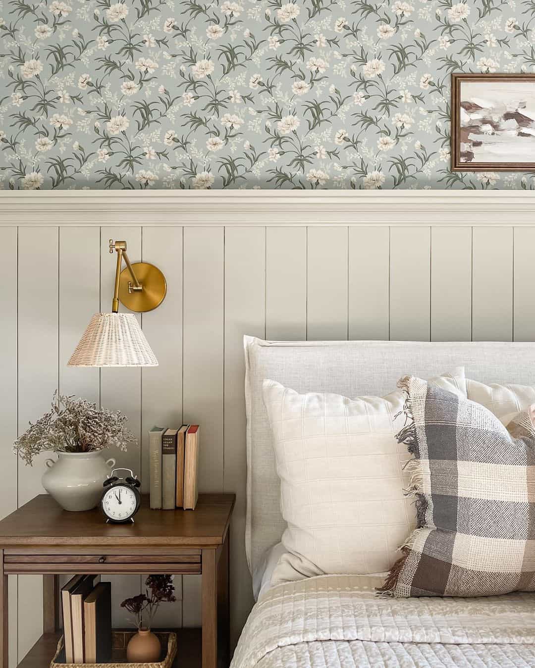 Pale Blue Paneling with Delicate Floral Wallpaper