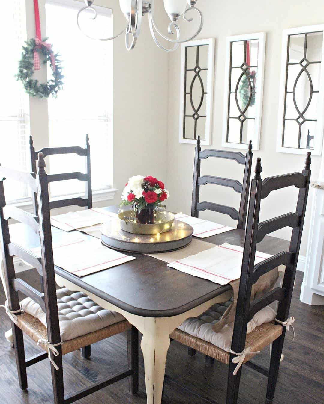 Tall Rectangular Mirrors Add Symmetry Above the Dining Table