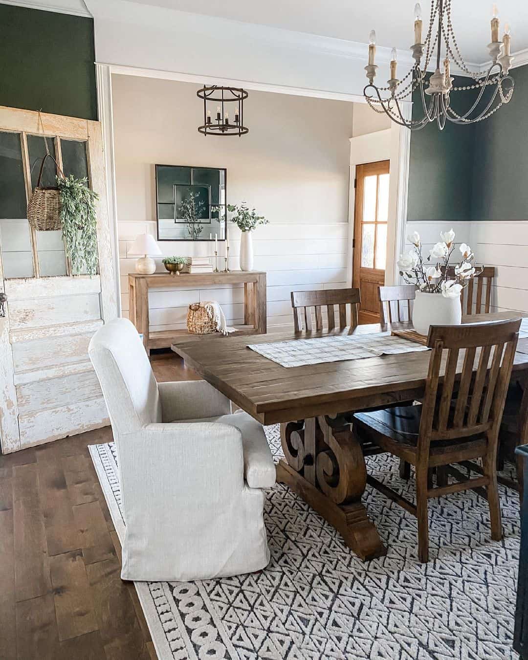 Square Pane Mirror Reflects A Rustic Console Table
