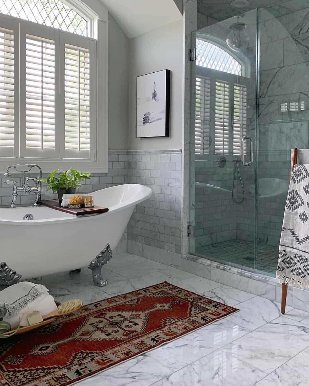 Oriental Runner Adds Color and Warmth to a Marble Bath