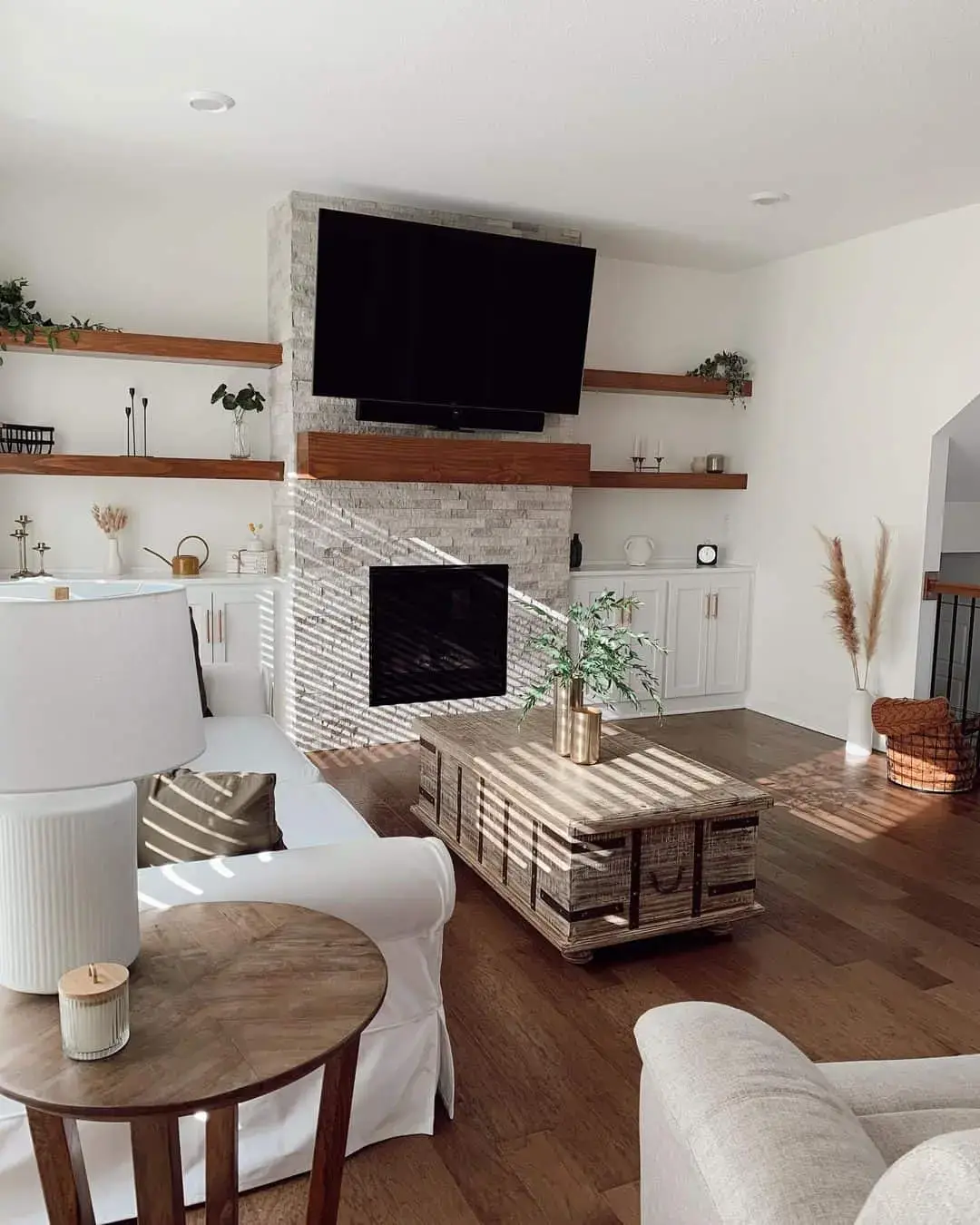 Frame Your Fireplace and TV with Floating Wood Shelves