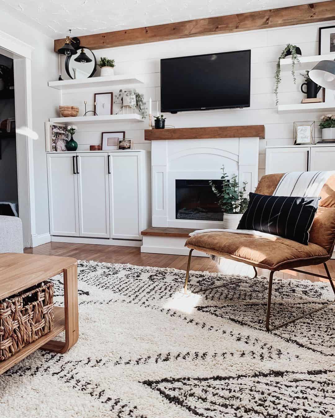 Layer Displays Above White Cabinets with Floating Shelves