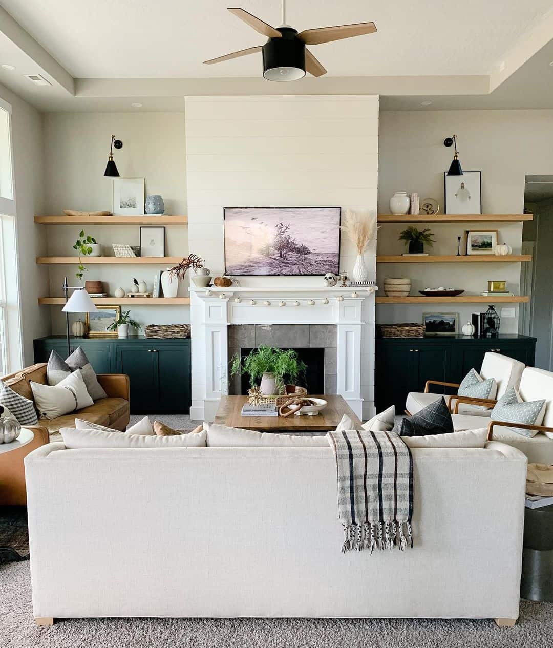 Ground Open Shelving with Dark Green Cabinets